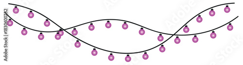 Illustration of two strings of pink christmas lights hanging with a white background and black wires , glowing holiday lights garland bulbs, twinkling fairy lights glow
