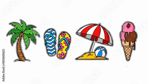 A vibrant collection of hand-drawn summer vacation icons. Features a tropical palm tree, colorful flip flops, a beach umbrella, and a delicious ice cream cone for travel and holiday designs
