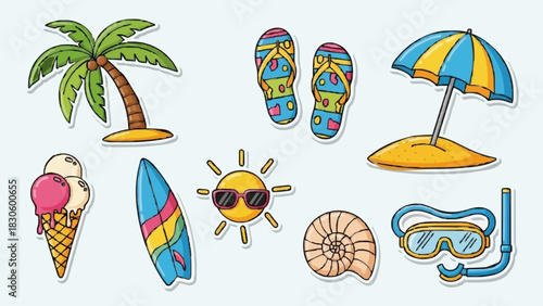 Summer Beach Icons Set Palm Tree, Flip-Flops, Sun, Surfboard & More