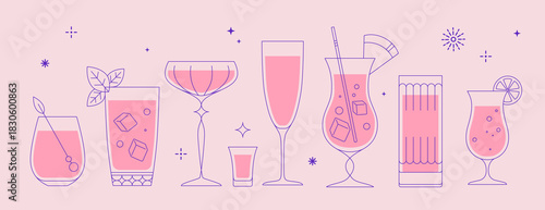 Set of line art retro cocktails or champagne glasses. Holiday cocktail party. Vector illustration