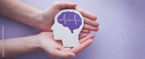 Mindful Embrace: Delicate hands cradling a stylized human head, the brain detailed with an electrocardiogram, set against a calming backdrop.