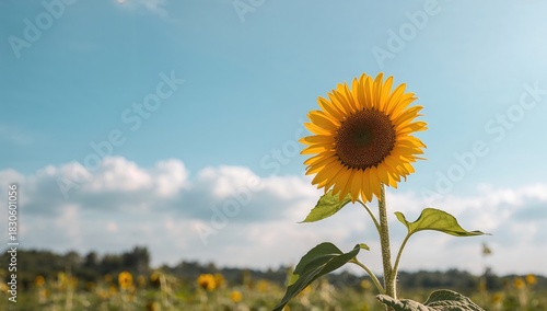 Fototapeta Naklejka Na Ścianę i Meble -  Sunflower blooming under a bright summer sky, seasonal change