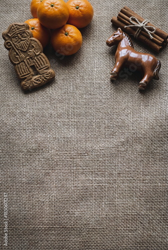 Dutch Holiday Sinterklaas background. Shoen Zetten. Zack van Sinterklaas. Sant Nicholas day. top view. Copy space