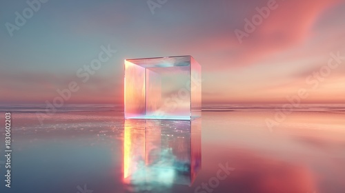 Transparent holographic glass cube on a reflective surface against a pink sunset. Abstract 3D futuristic background.