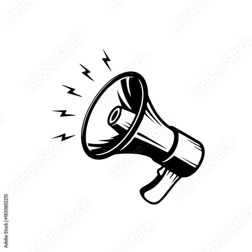 Black and white vintage style megaphone graphic with sound waves, symbolizing public announcement, urgent message, or call for attention and communication