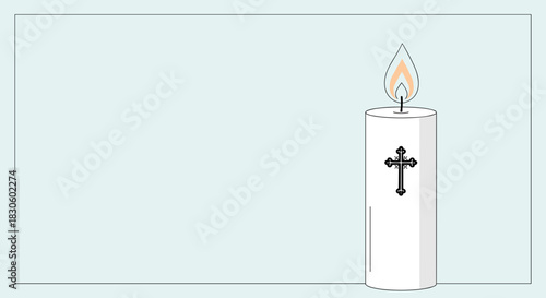 Illustration of a lit candle with a cross design on a light blue background and copy space