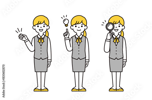 紹介する・気づく・検索する、ユニフォームを着た若い女性の全身ベクターイラスト素材セット