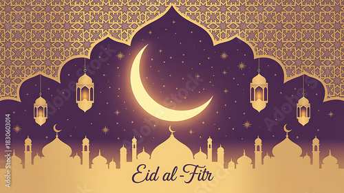 Eid al-fitr crescent moon and mosque