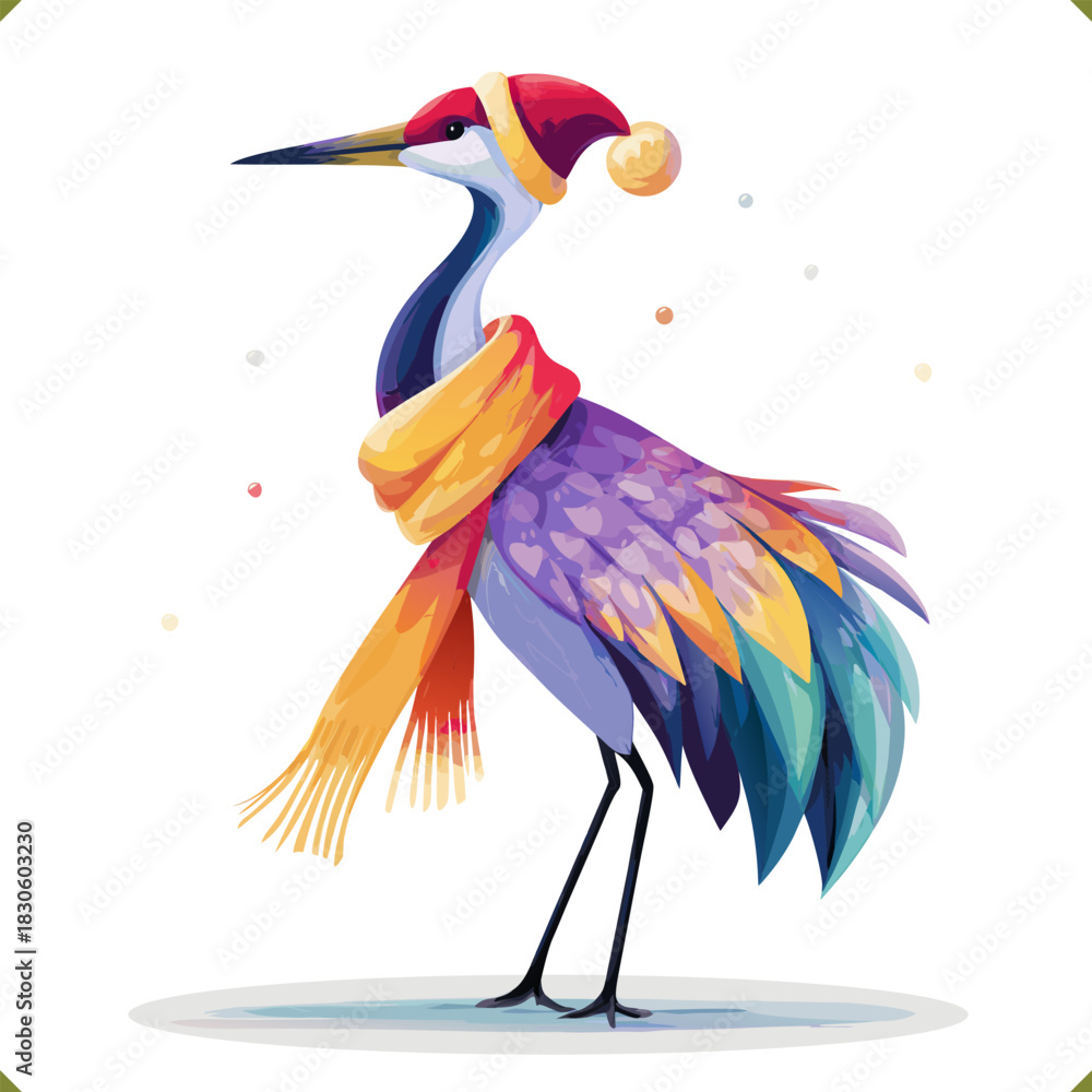Naklejka premium Vector illustration of a colorful crane in a vibrant geometric style, wearing a hat and scarf, isolated on a white background