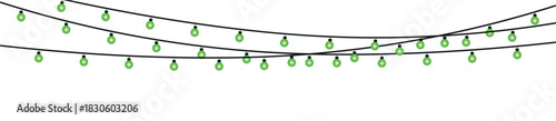 Three strands of green string lights hanging against a white background in a decorative arrangement , glowing holiday lights garland bulbs, twinkling fairy lights glow