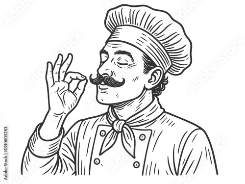 Bellissimo gesture chef making the delicious hand gesture, cooking and food themes sketch engraving generative ai fictional character vector illustration. Scratch board imitation. Black and white.