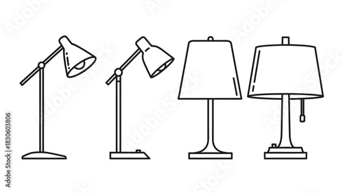 Desk Lamps and Table Lamps Line Art Collection Isolated on White Background