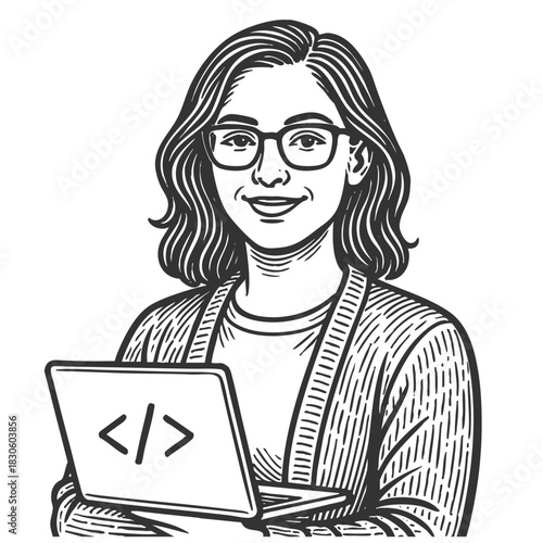 smiling woman with glasses coding on a laptop, ideal for tech, programming, or education themes sketch engraving generative ai fictional character vector illustration. Scratch board. Black and white.