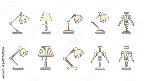 Diverse vector icons showcasing table lamps in different styles and functional wine openers
