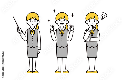 解説する・応援する・困る、ユニフォームを着た若い女性の全身ベクターイラスト素材セット