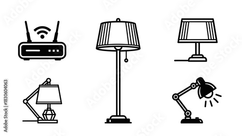 A set of home lighting and technology outline icons including various lamps types