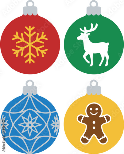 A set of four colorful flat-style Christmas ball ornaments featuring festive designs including a snowflake, reindeer, geometric pattern, and gingerbread man.