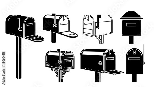 Various Styles Of Mailboxes Illustrated In Black And White Silhouette