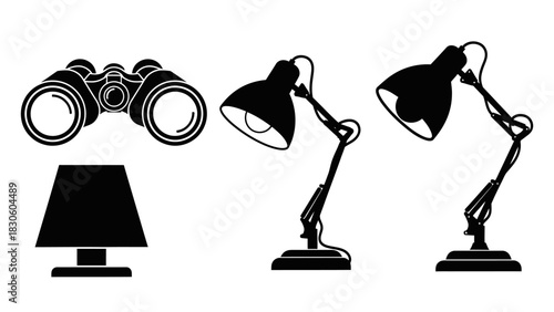 Graphic depiction of essential utility objects exploration optics and diverse lamps
