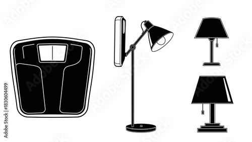 Everyday household essentials varied lighting fixtures and personal health monitor icons