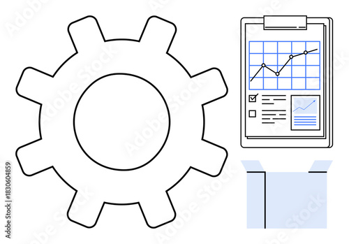 Gear for operation, report clipboard with data and graph analysis, open box for innovation. Ideal for concepts including process, strategy, planning, development, teamwork, mechanics simple flat