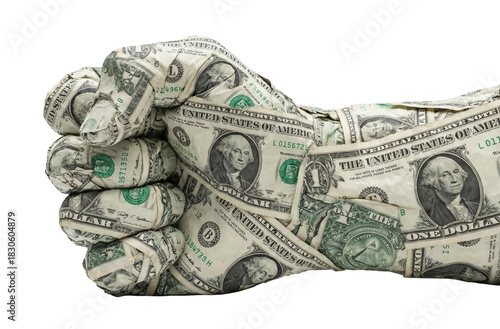Powerful fist wrapped in american dollar bills symbolizing financial strength