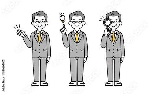 説明する・提案する・探す、上司・社長・経営者の男性の全身ベクターイラスト素材セット