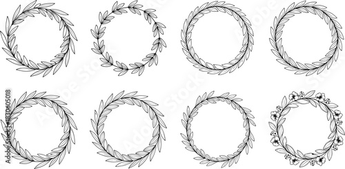 Botanical wreath icon set, black vector leaf and flower circles, decorative sketch design, nature motif illustration, seasonal artwork