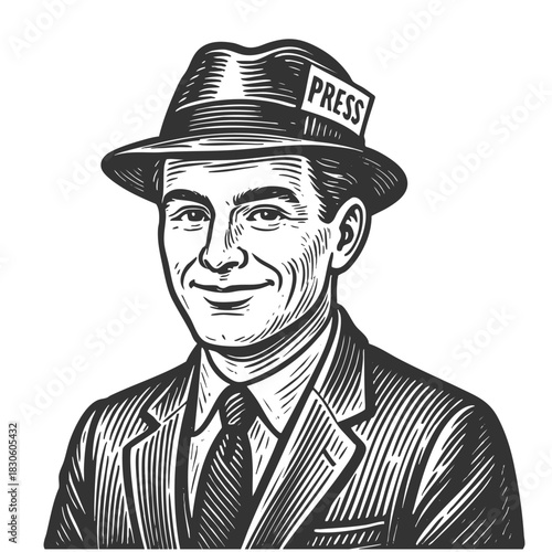 smiling male journalist wearing a press hat and suit, ideal for media, reporting, or news themes sketch engraving generative ai fictional character vector illustration. Scratch board. Black and white.