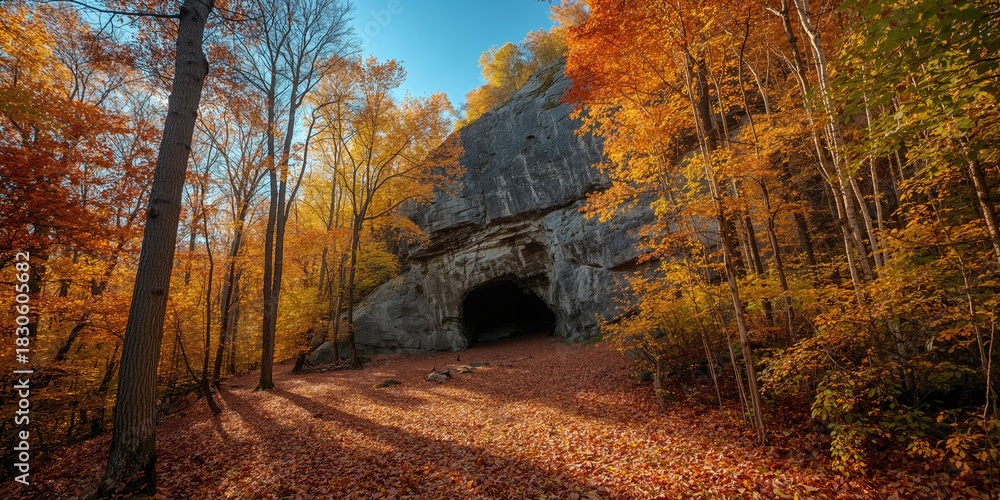 Fototapeta premium Limestone mountain cave amidst yellow leaves forest, emphasizing natural erosion processes