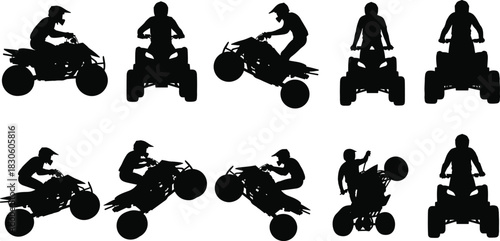 ATV rider silhouettes, extreme sports poses, off-road vehicle stunts, dynamic motion, motorsport icons, black silhouettes, adventure illustration set