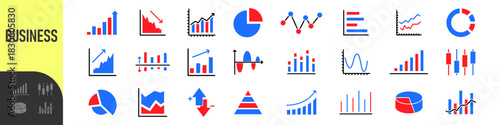 Business data charts. Diagrams and graphs. Business data market elements, statistic and data, infographics business, money, down or up, analytic report. Set of financial marketing colorful diagrams