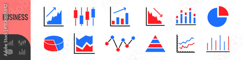 Business data charts. Diagrams and graphs. Business data market elements, statistic and data, infographics business, money, down or up, analytic report. Set of financial marketing colorful diagrams