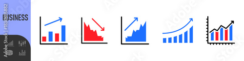 Business data charts. Diagrams and graphs. Business data market elements, statistic and data, infographics business, money, down or up, analytic report. Set of financial marketing colorful diagrams