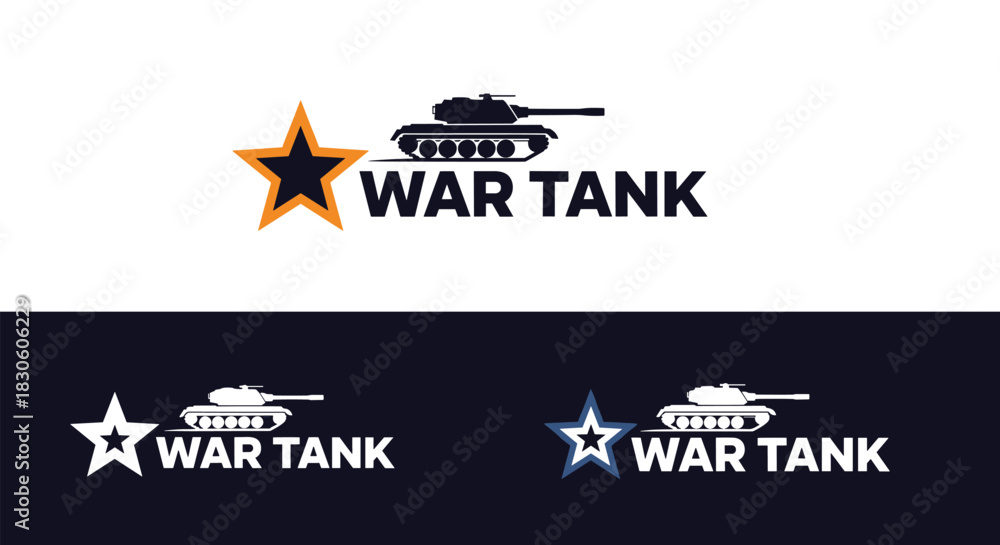 Fototapeta premium A collection of three modern 'War Tank' logo designs featuring a tank silhouette and a star in different color variations.