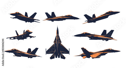 An impressive collection of nine military fighter jet silhouettes shown from various angles isolated on a white background.