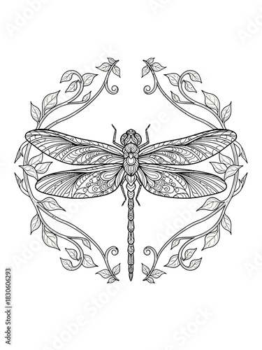 Intricate Dragonfly Mandala Coloring Page: Detailed Line Art for Adult Relaxation & Zen Art