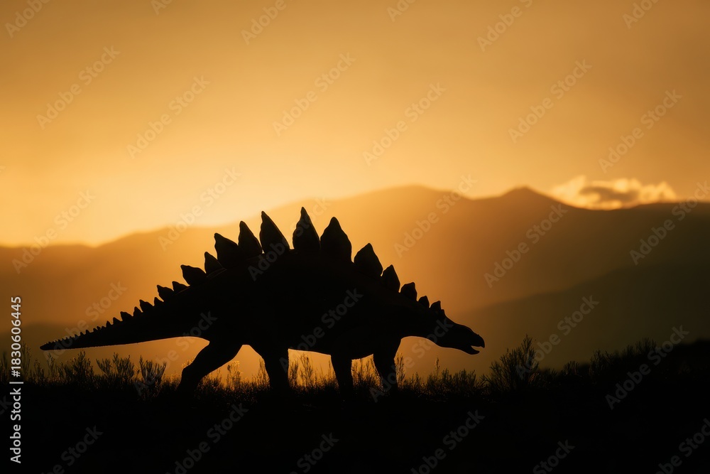Fototapeta premium A dinosaur is walking across a field at sunset