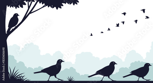 A minimalist nature scene showing bird silhouettes walking one perched in a tree and a flock flying against a cloudy sky.