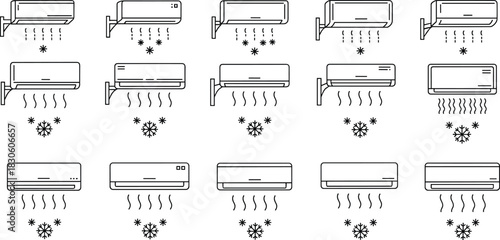 Air conditioner icon set, black and white climate symbols, cooling and heating modes, temperature control, HVAC design, seasonal illustration