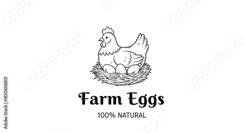 A charming hand-drawn logo for 'Farm Eggs' featuring a hen sitting on her eggs in a nest with '100% Natural' text.