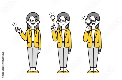 説明する・提案する・探す、メガネをかけた若い女性の全身ベクターイラスト素材セット