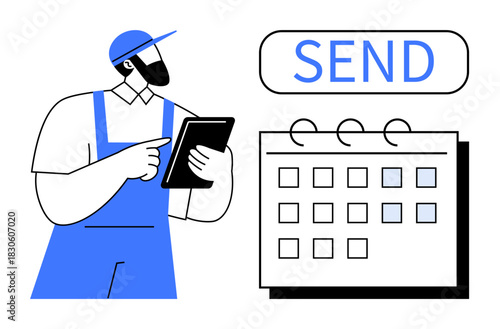 Worker in blue overalls holding a tablet, pointing at a digital calendar with a Send button. Ideal for time management, task planning, digital tools, workflow organization, communication