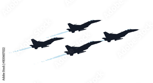 Four military fighter jet silhouettes flying in a diamond formation leaving light blue smoke trails on a white background.