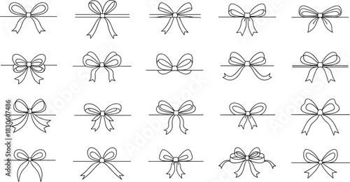Bow silhouette icon set, black and white ribbon designs, decorative gift wrap symbols, fashion accessory shapes, graphic style variation