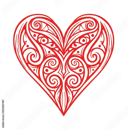 Highly decorative red heart outline with elaborate tribal and swirling motifs, blending organic and geometric elements for a stylish look.