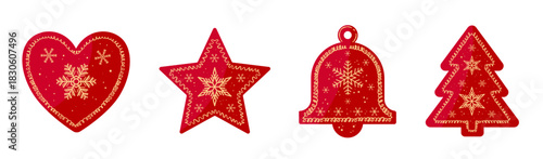 Set of four red christmas ornaments, heart, star, bell, and tree, decorated with golden snowflakes