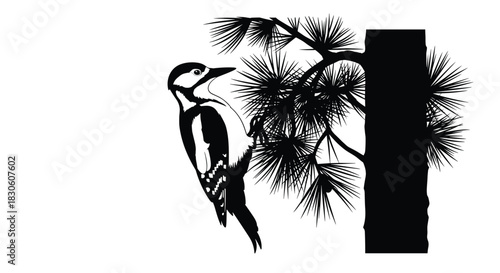 A black and white vector illustration of a great spotted woodpecker perched on the side of a pine tree branch.