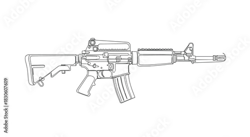 A detailed black and white technical line drawing of an M4 carbine assault rifle isolated on a clean white background.