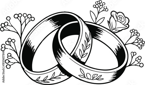 Two rings with floral decoration on transparent background. Vector illustration in doodle style. Symbol of union, commitment and eternal love